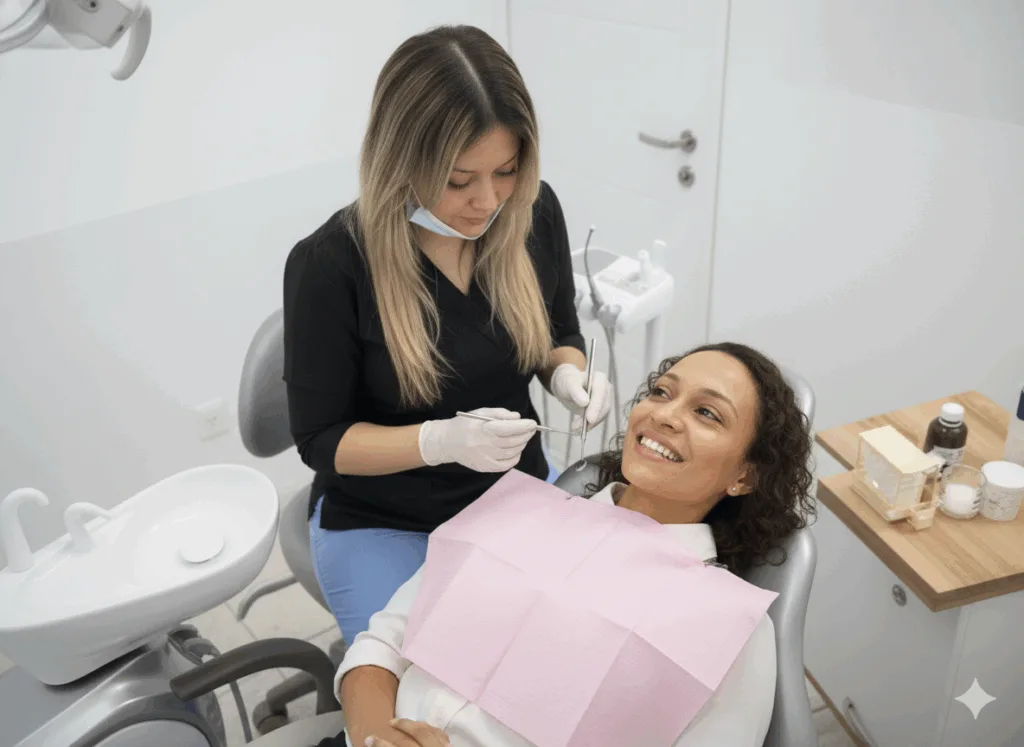 Dentista realizando diseño de sonrisa con carillas dentales.