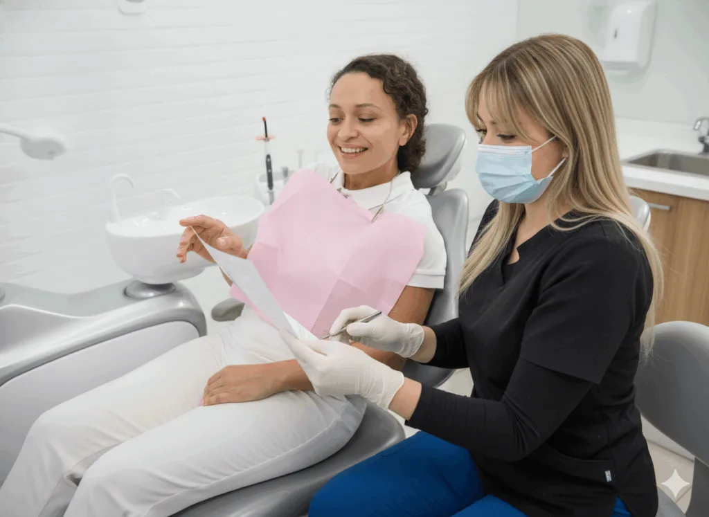 Dentista evaluando diseño de sonrisa con carillas dentales.