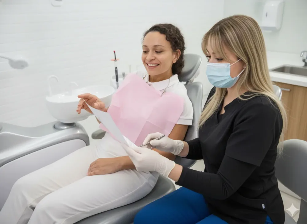 Dentista realizando diseño de sonrisa con carillas dentales.